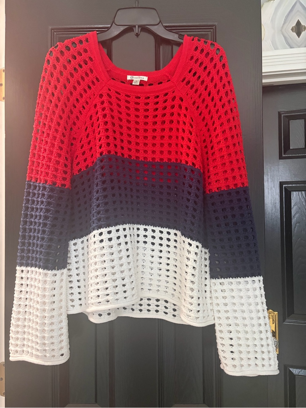 Versona Red Navy White Open-Knit Colorblock Sweater